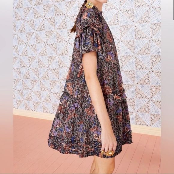 Ulla Johnson Midi Ruffle Floral Delia Jet Sunburst Floral Dress Size 2 - Picture 3 of 7